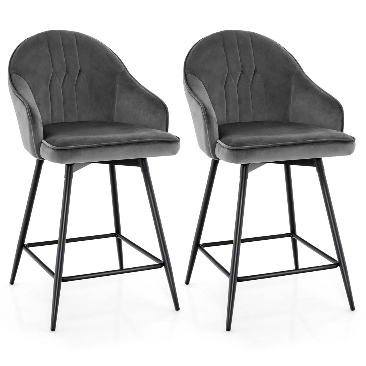 Costway Set of 2 Velvet Bar Stools Swivel Counter Height Dining Chair with Metal Legs Gray
